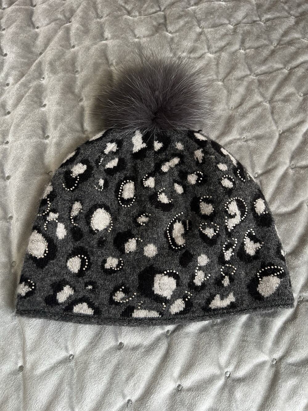 Mitchie's Wool Fur Pom Embellished Gray Beanie Hat One Size